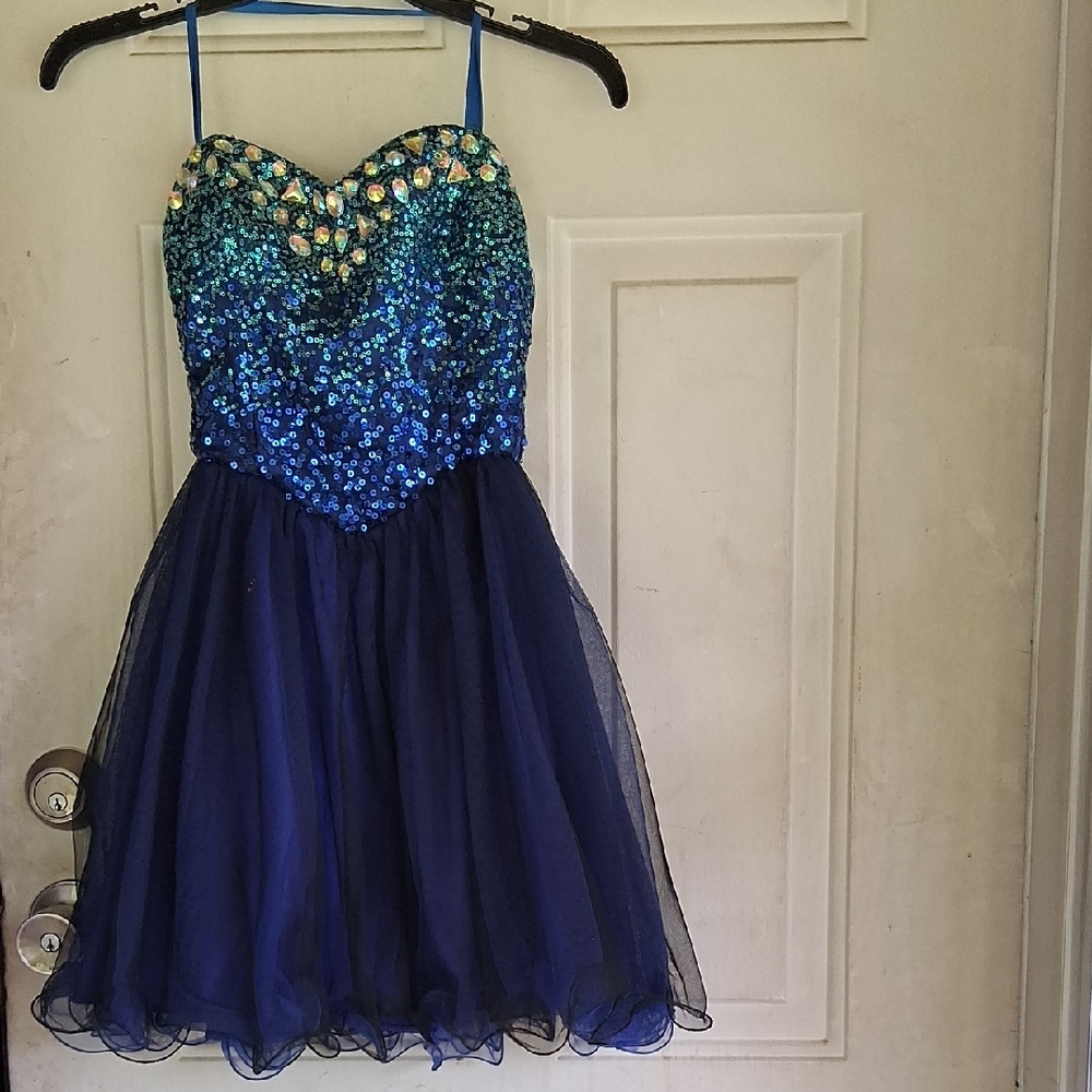Silver and Blue Sequin Embellished A-line Dress